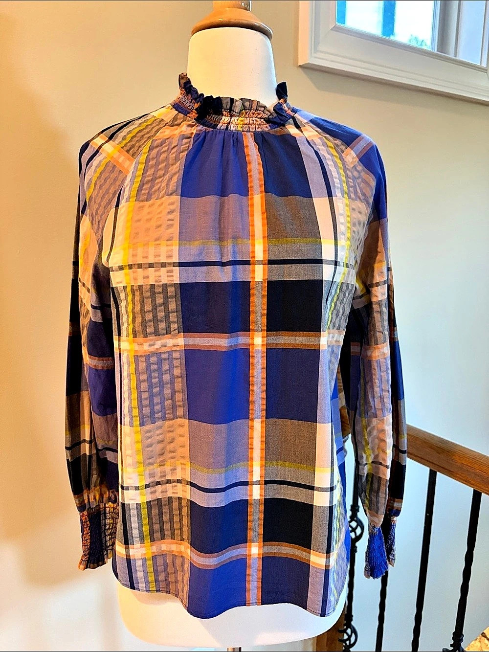 Women's Plaid Long Sleeve Cotton Blouse in Blue & Orange Petite14